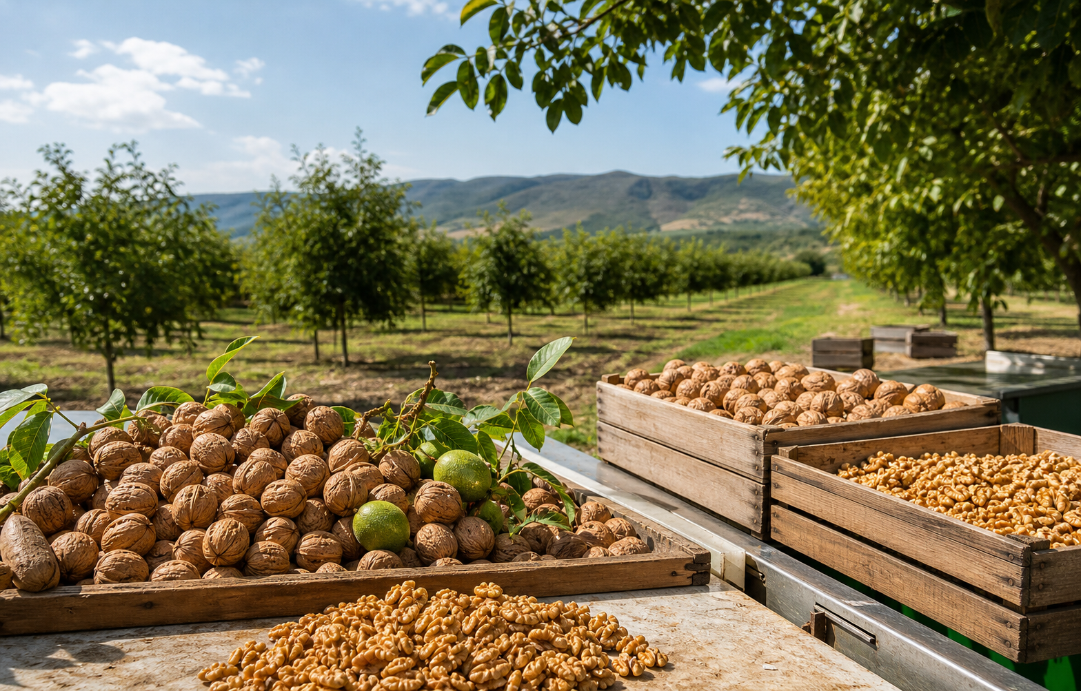 Walnut orchard and export-ready walnuts